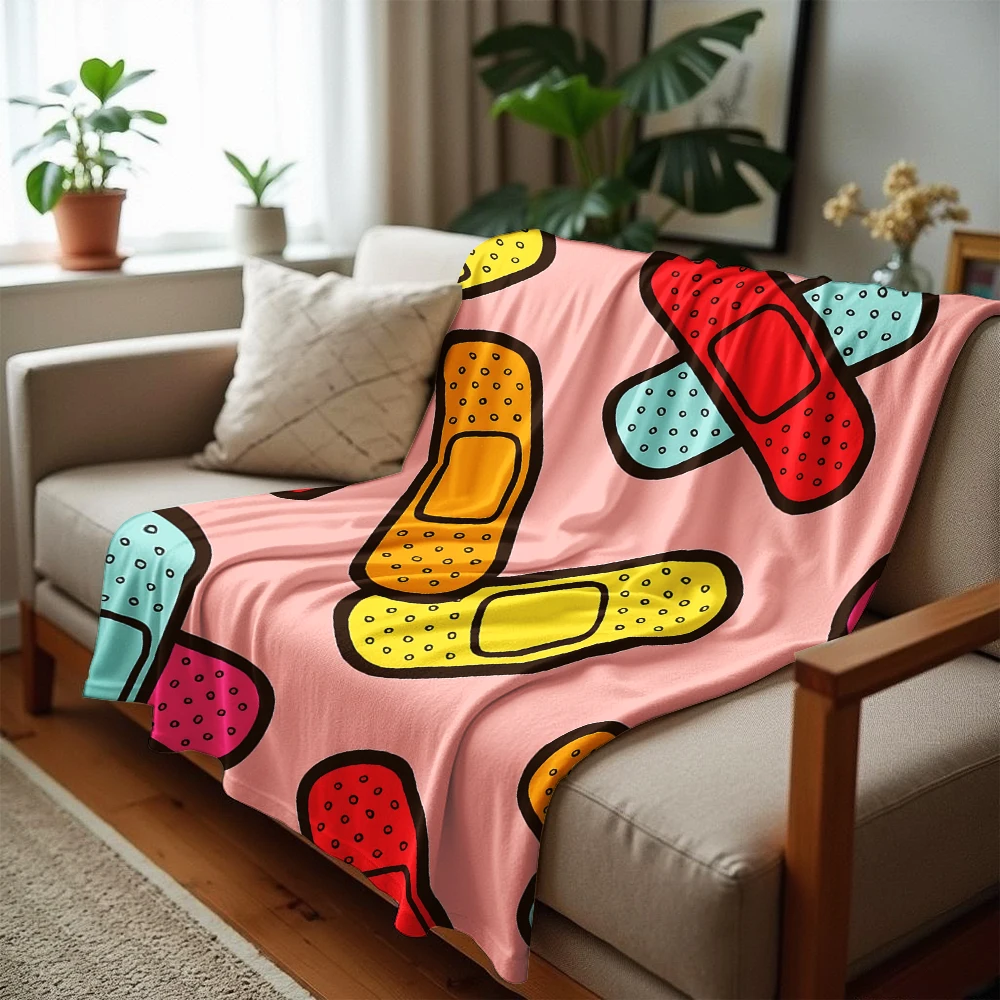 Y2K Colorful Band Aid Cartoon Soft Flannel Blanket Breathable Warm Throw for Office Car Sofa Kids Room Birthday Xmas Gift
