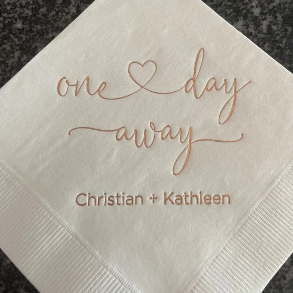 

50Pcs Personalized Wedding Cocktail Napkins, Custom One Day Away, Engagement Rehearsal Dinner Birthday Party Bar Napkins