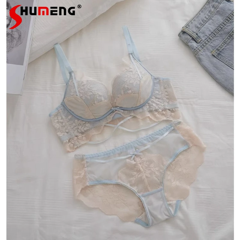 الدانتيل مثير الملابس الداخلية البيضاء مجموعة للنساء الصغيرة الصدر رفع تعزيز العشير الإناث النمط الياباني الصدرية الدانتيل الدعاوى موجز