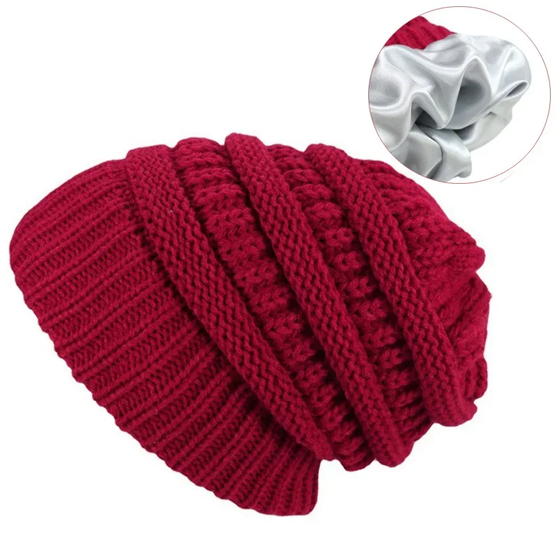 Women Satin Lined Winter Beanie Caps Striped Knit Hats Solid Color Silk Lining Thick Chunky Cap Soft Slouchy Warm Hat gorras