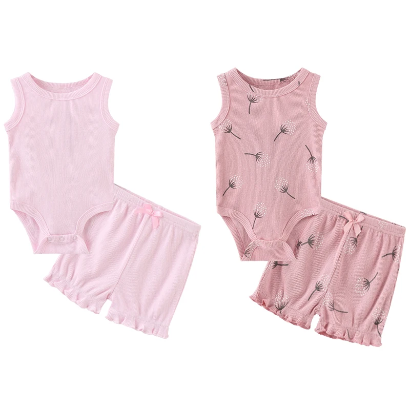 4Pcs Cartoon Cute Baby Girl Clothing Set 100%Cotton Sleeveless Bodysuits+Shorts Clothes 0-12M Infant Multi-piece Suit