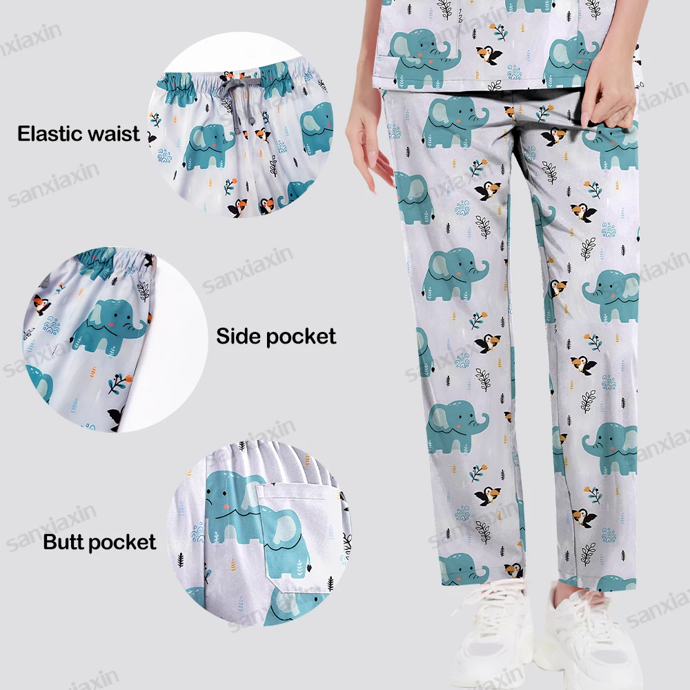 Printed Hospital Uniform Soft Elastic Clinic Workwear Operating RoomTops Pants Surgical Clothes Medical Scrubs Set Straight Suit