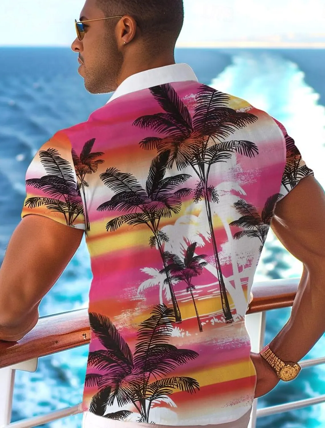 Coconut Tree Palm Tree Surfing Men\'s Summer Hawaiian Shirt Outdoor Street Casual Summer  Turndown Short Sleeve Polyester Shirt