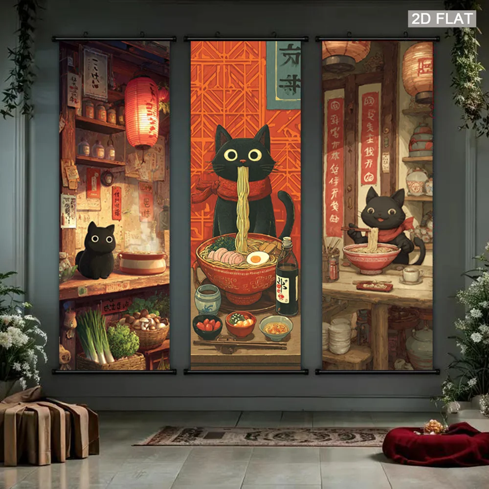 VIKAMA Black Cat Japanese Ramen Shop Wall Art Hanging Scroll Poster Warm Retro Canvas Painting for Kitchen Bedroom Decor