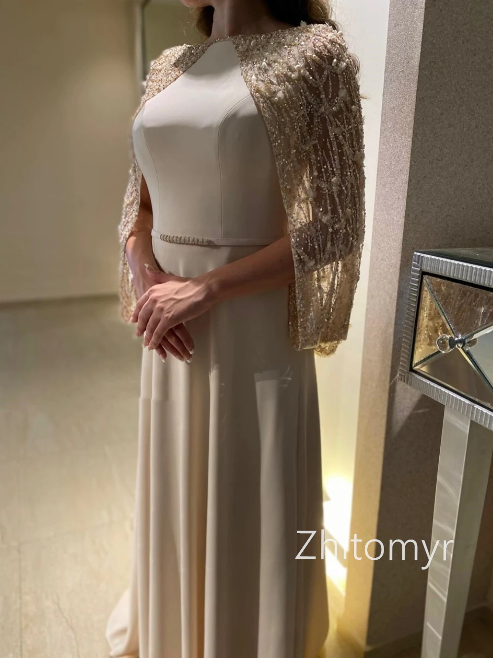 Customized High quality Jewel A-line Prom Dresses Beading Paillette / Sequins Stole Watteau Floor length Evening  فساتين vestido