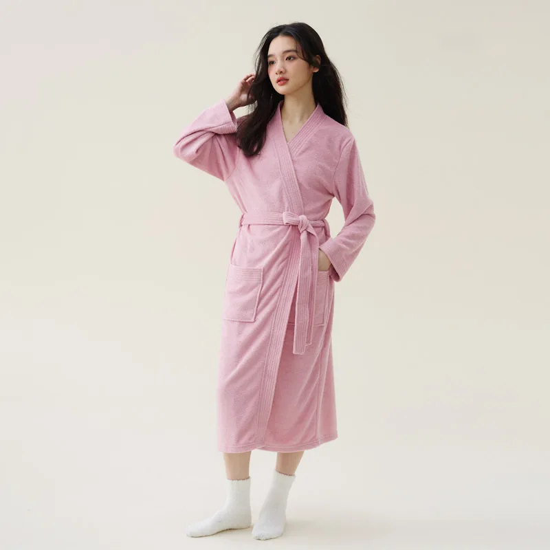 

New Couples Water Absorption Bathrobe Quick Dry Terry Kimono Long Bathrobe Home Gown Sleepwear Lounging Solid Hotel Spa Robe