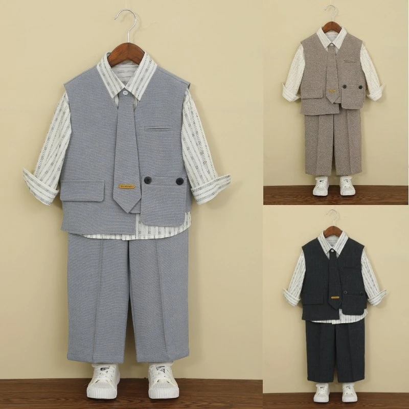 Boys Pocket Design Vest Suit Set Kids Casual Formal Outfit with Striped Shirt Tie Wide Leg Pants for Wedding Host Performance