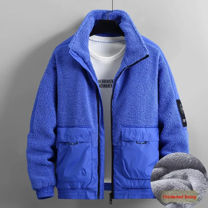 Autumn Winter Large Men's Fashion Fat Standing Collar with Fleece Splice Coat with Fat Plus Pocket Cotton Coat Jacket 170kg 12XL