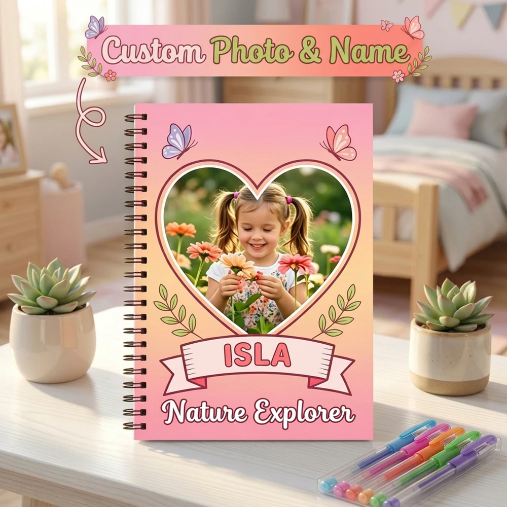 Personalised Custom Photo & Name Spiral Notebook,Pink Gradient Heart Butterfly Artwork,Back To School Present,Classroom Journal