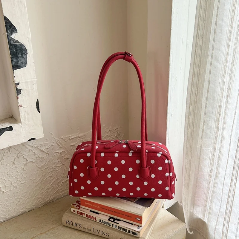 2026 New Polka Dot Mini Boston Shoulder Bag, Elegant Women Long Handle Underarm Handbag With Bow Pearl Pendant For Spring Daily view 2