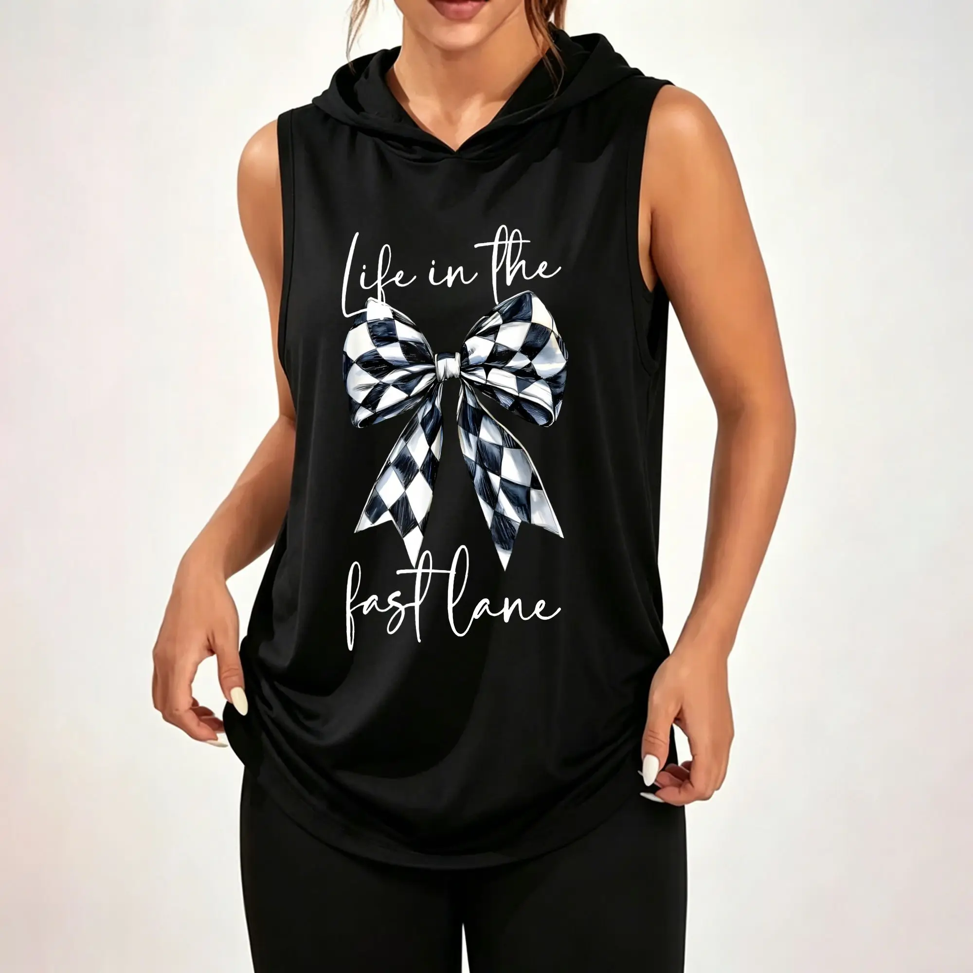 Women's Sleeveless Hoodie, Life In The Fast Lane Checkered Bow Handwritten Letter Graphic Print Casual Hooded Tank Top