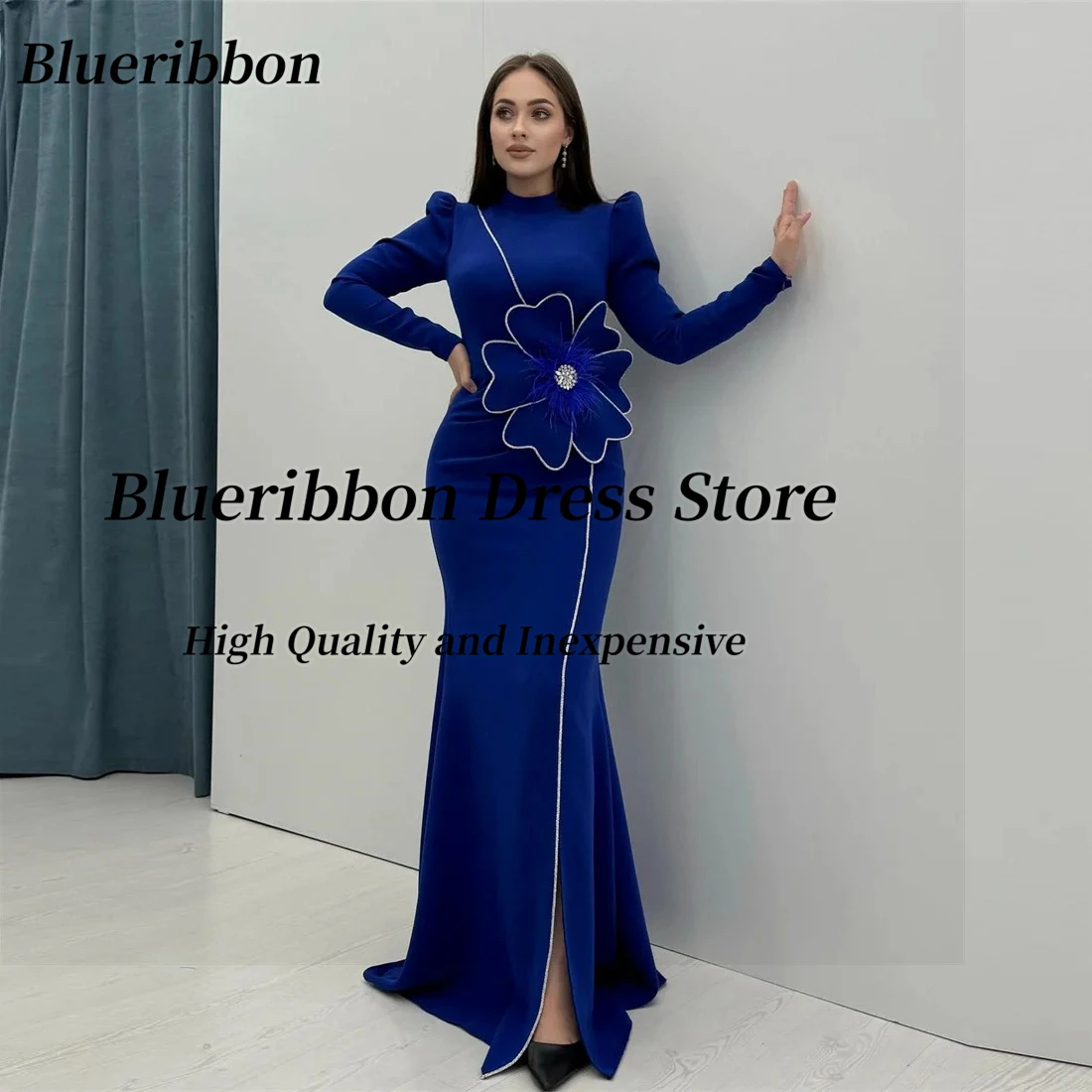 

Blueribbon Royal Blue Evening Dresses High Collar Long Sleeves Prom Dress with Big Flower Side Slit Vestidos De Noches