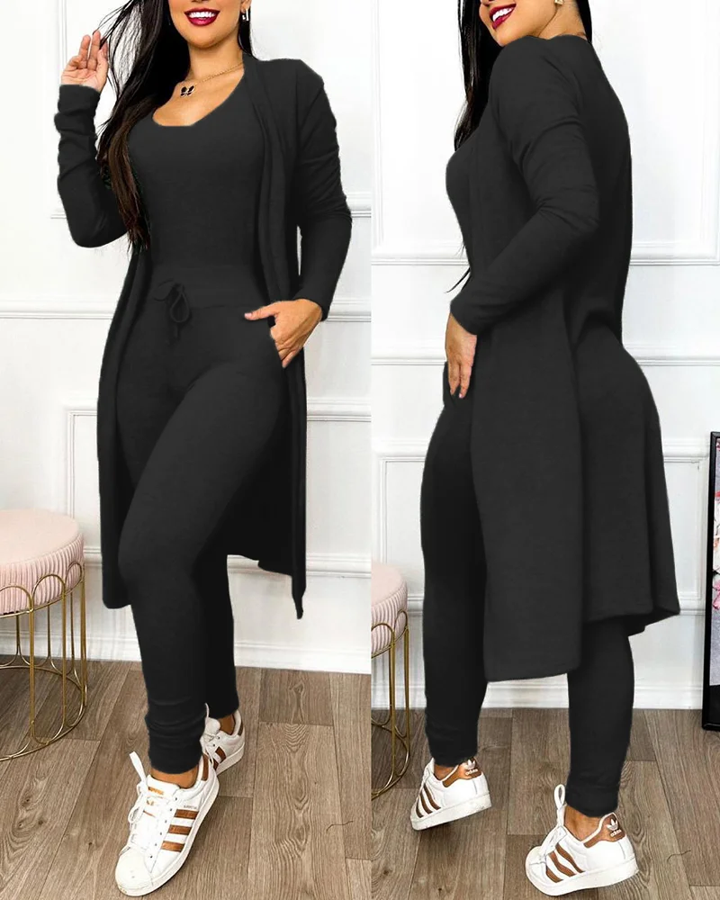 Jumpsuit Women Fashion 2023 Autumn Two Piece U-Neck Sleeveless Drawstring Pocket Design Jumpsuit Suit Set & Long Sleeve Coat Set