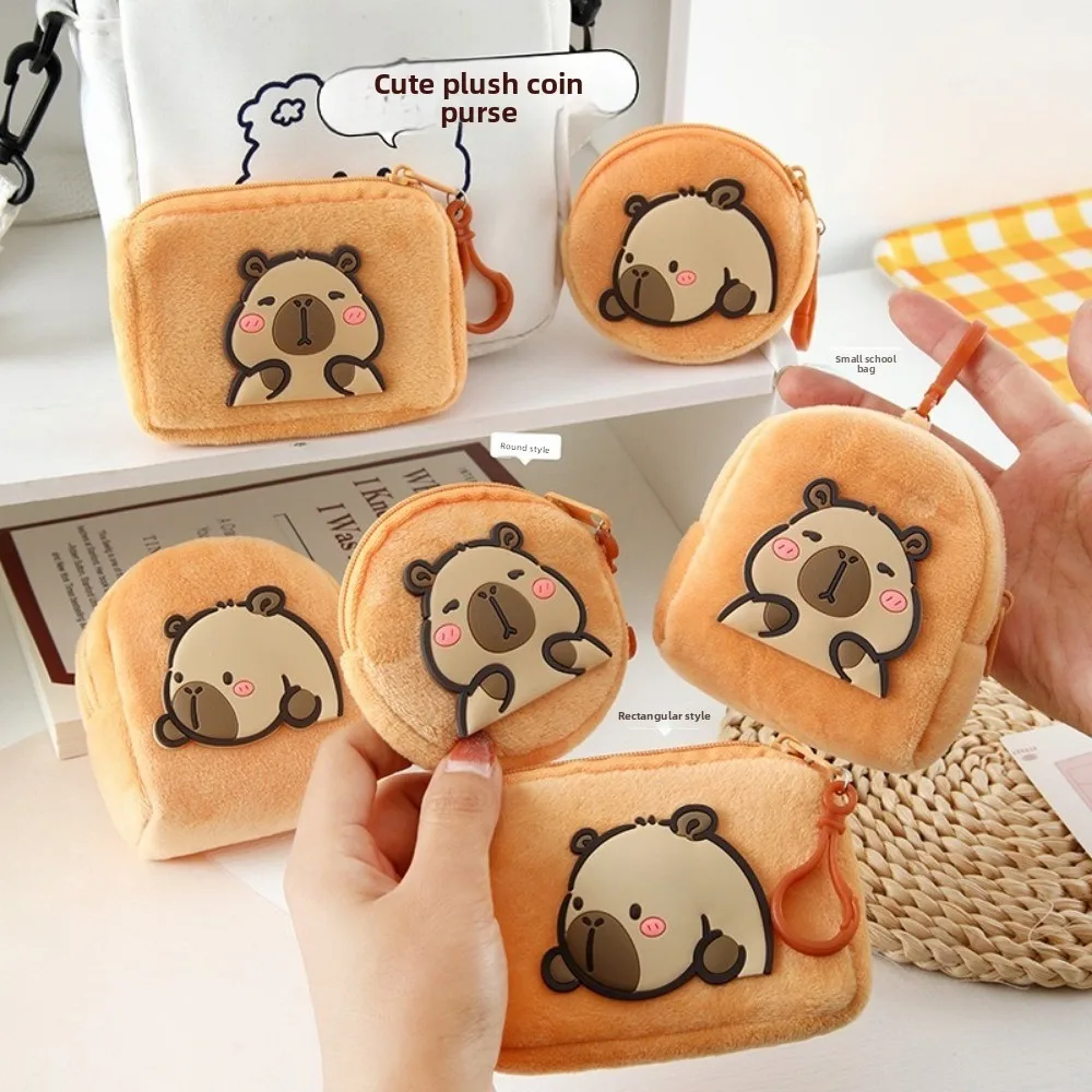 

Cute Mini Capybara Coin Purse Plush Round Zipper Wallet Cartoon Wristlet Bag Headphone Storage Bag