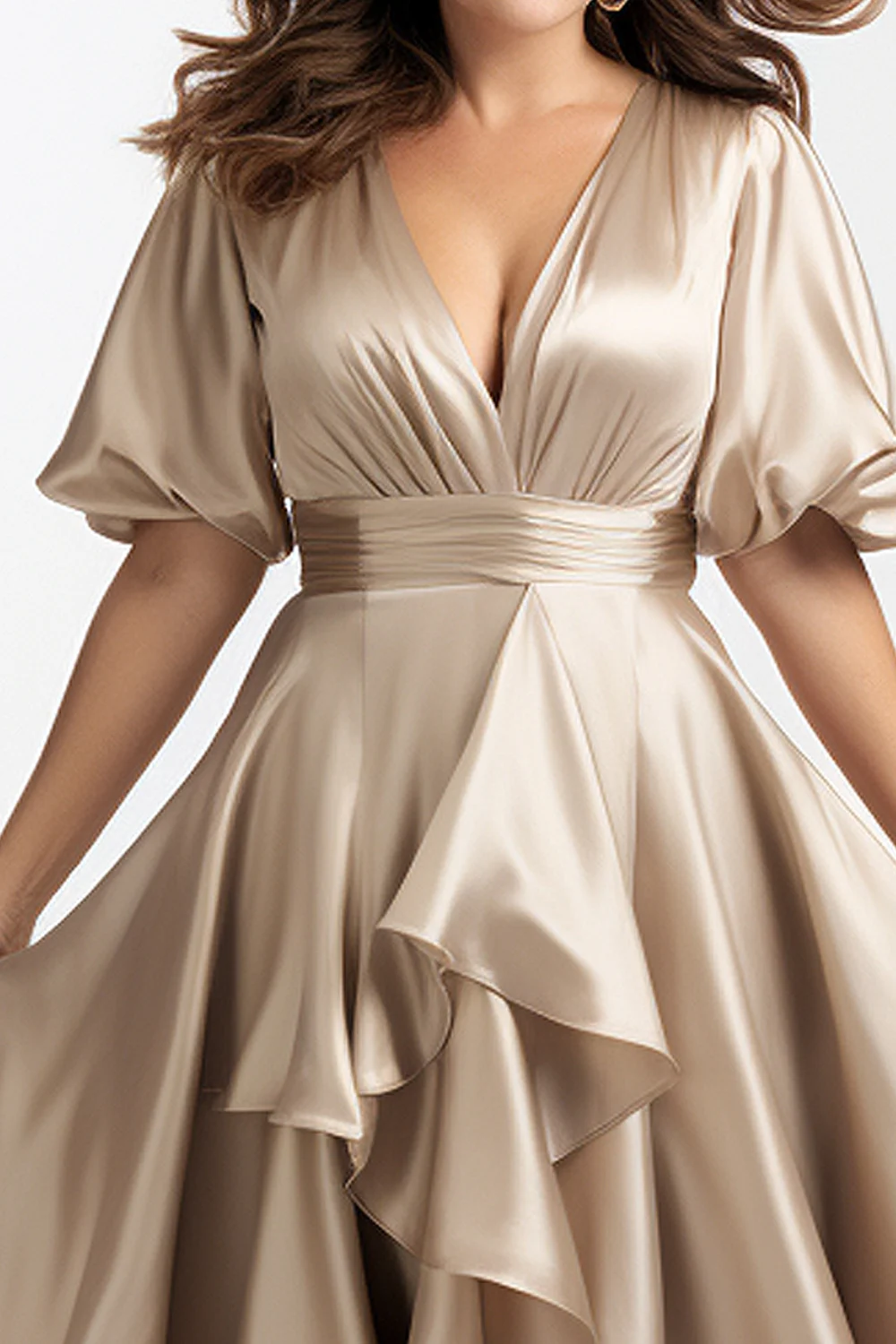 Flycurvy Plus Size Wedding Guest Champagne Satin Puff Sleeve High Low Hem Maxi Dress