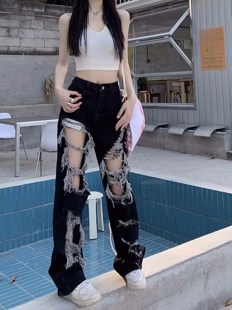 High Waist Straight Leg Jeans Women's Loose Wide Leg Pants Floor Length Torn Denim Pants Autumn Winter High Street Sle