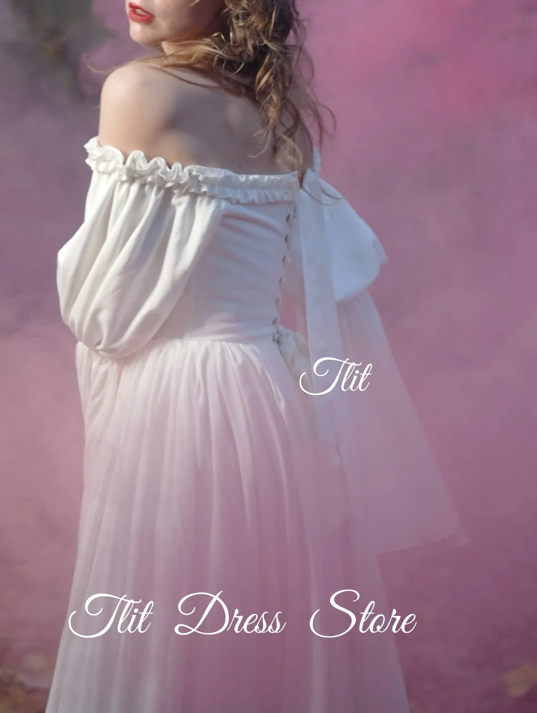 فستان سهرة جميل من الساتان المطاطي عاجي من TLIT بدون حمالات فستان حفلات قبالة الكتف مخصص بفيونكة وأكمام منتفخة stidos de fiesta #2