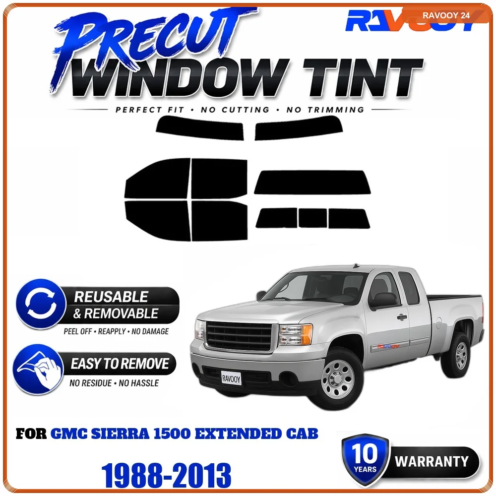 Precut Window Tint, Reusable Removable EPU Film, Custom Fit for Gmc Sierra 1500 Extended Cab 1988-2013, UV Heat Protection
