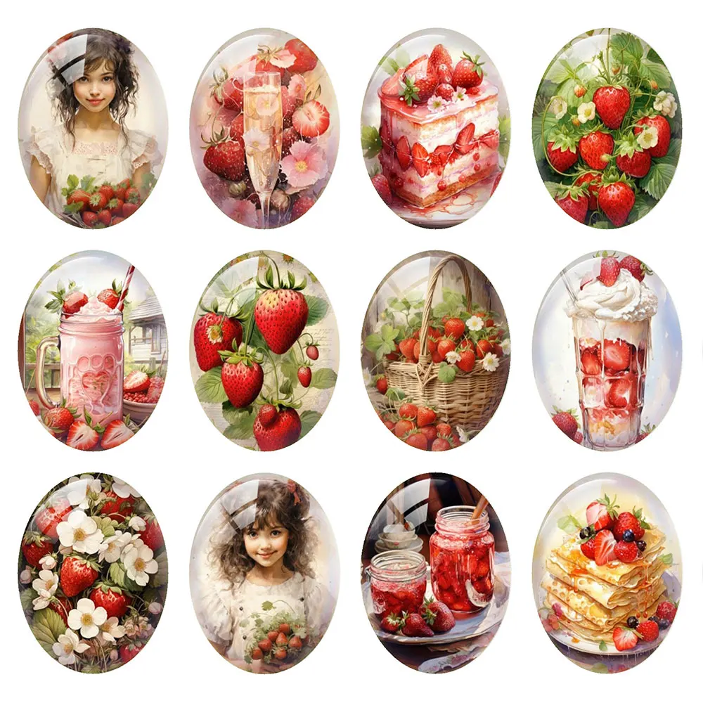 Random Mixed Round/Oval/Square Strawberry Dessert Sweet Fruit Photo Glass Cabochon Flatback Demo Cameo For Diy Jewelry Making