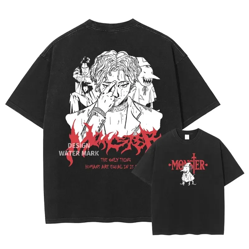 

Anime Monster T Shirt Liebert Johan Vintage Washed Tops Tees Manga Graphic Short Sleeve Male Female Casual Plus Size Tee soft