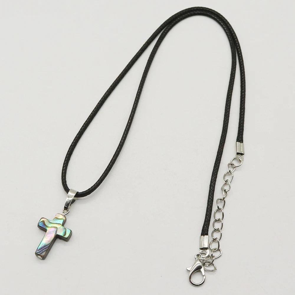 

1PC Fashion Natural Abalone Shell Pendants Necklace Cross Shape Leather Chain Charm Women and Man Fashion Jewelry Necklace Gift