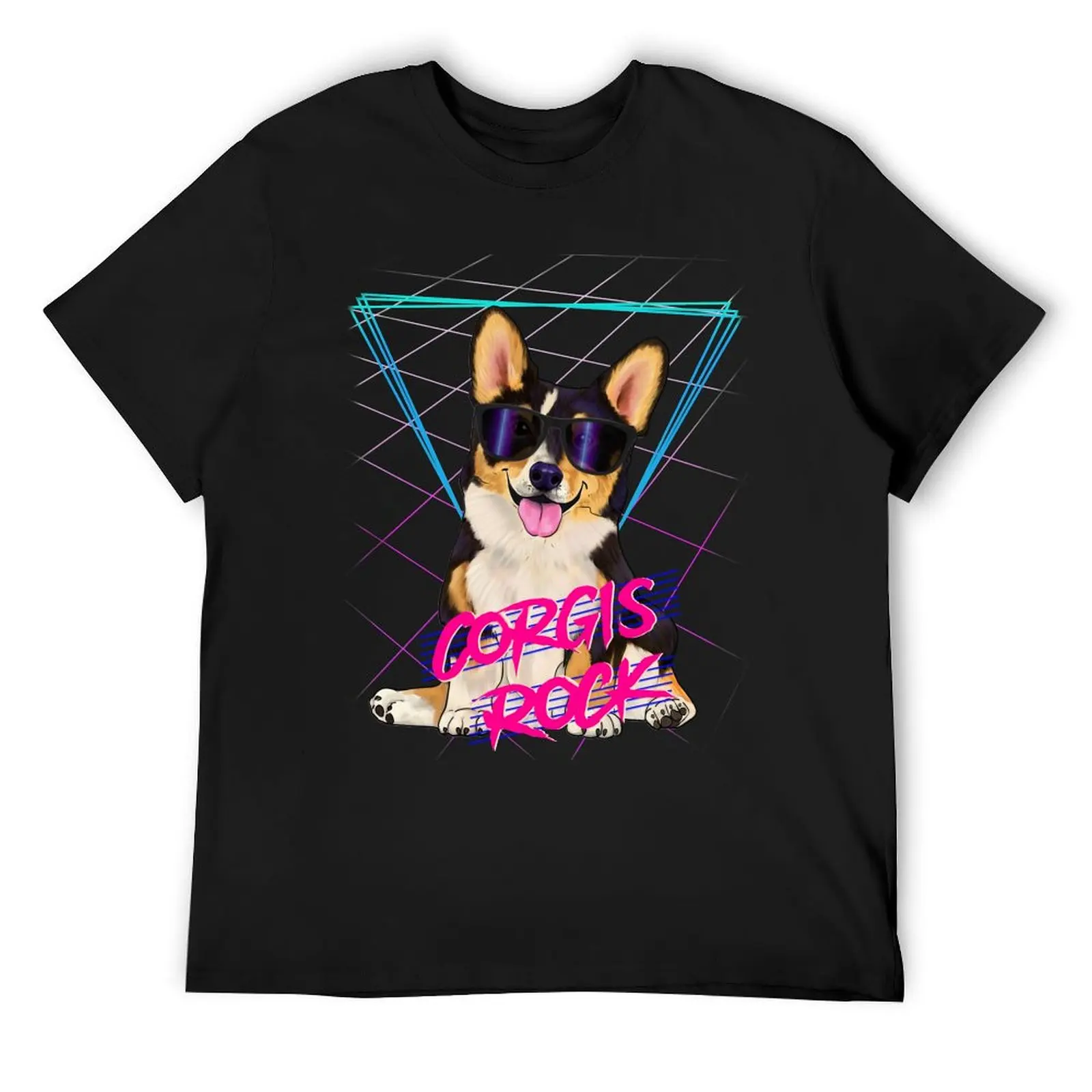 

Corgis rock - Tri-color corgi with sunglasses and 80s background T-Shirt Funny t-shirts tshirts personalised T-shirt men