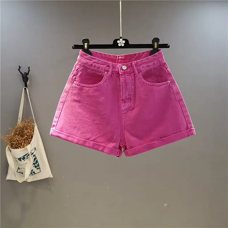 Summer New Denim Shorts Women's Candy-colored High-waisted Wide-leg Curled Loose and Thin Western-style Hot Pants