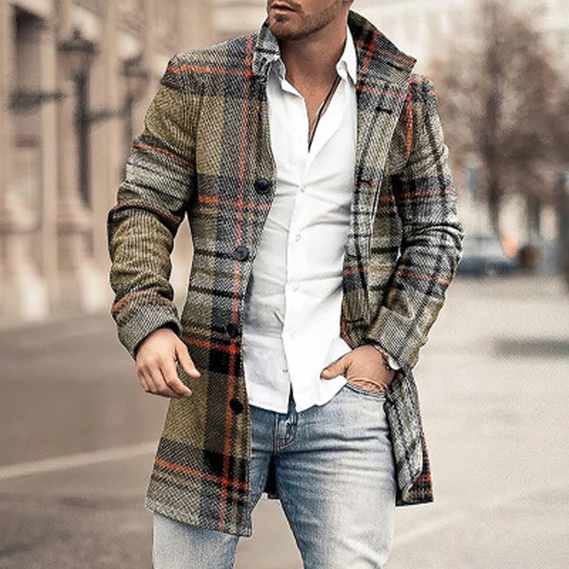 Man Single Breasted Jacket Plaid Button Long Slim Coat Long Sleeve  Autumn Winter Warm Casual Harajuku Street Outwear 2022 Retro