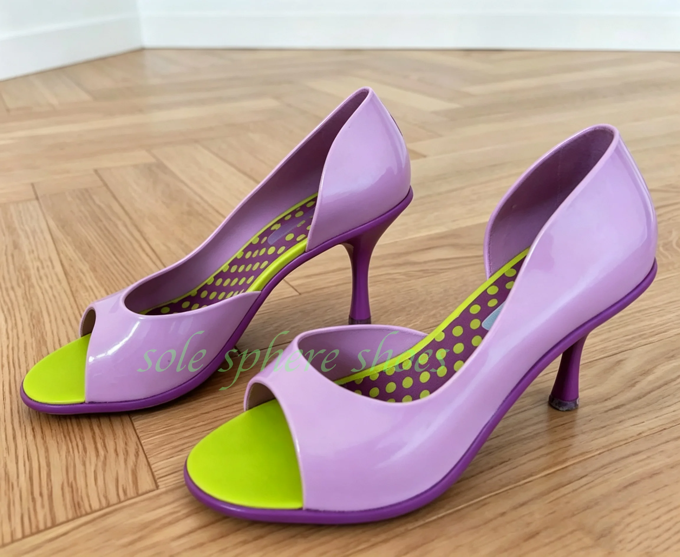 Elegant Y2K Style Cover Heel Pumps Lavender Green Mix Color Peep Toe Pumps Women Contrast Color Stiletto High Heel Party Sandals