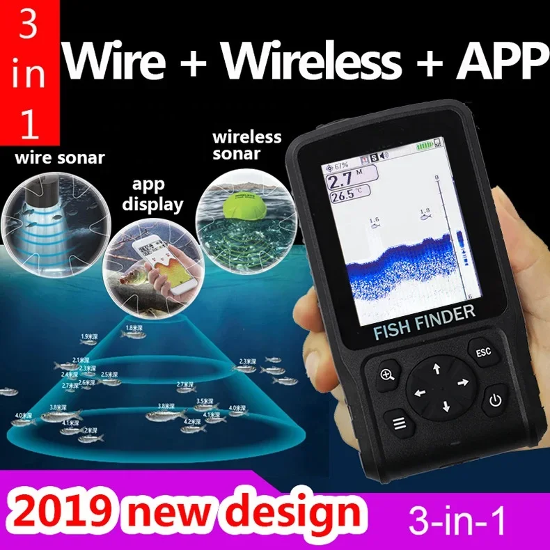 Hot Sale 2019 design Wire+Wireless+APP Portable Sonar Colorful LCD FishFinder boat  Fishing lure Echo Sounder FishFinder