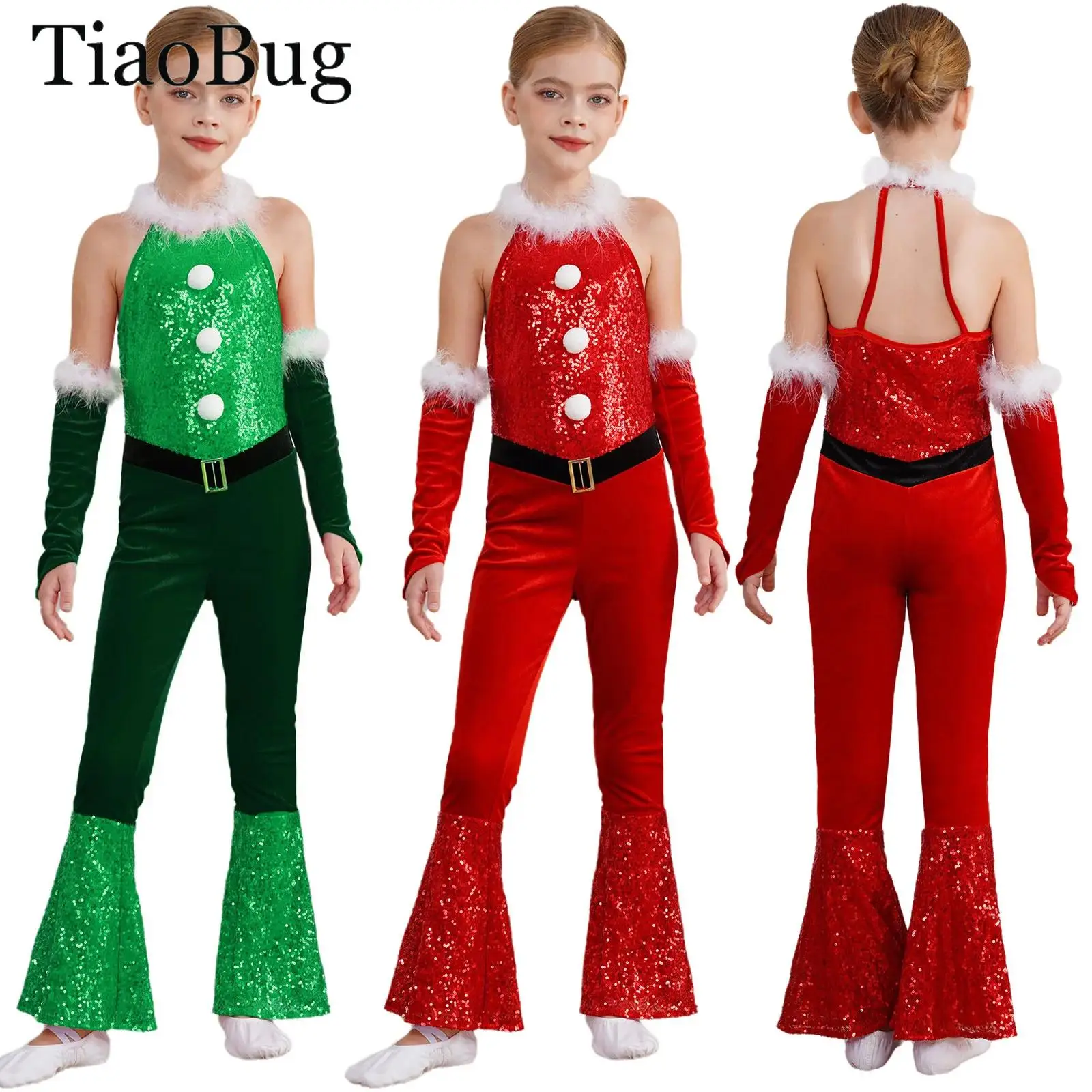 

Girls Santa Claus Christmas Sequin Flared Jumpsuit Candy Cane Unitards Sleeveless Velvet Bodysuits Jazz Hiphop Disco Dancewear