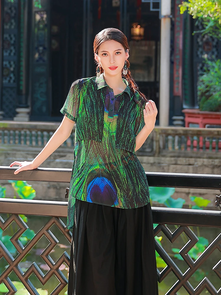 

New Chinese Sle Printed ort Sve Stand Collar Top Women's Summer Autumn Fake Two-Piece Loose Fit Ne T