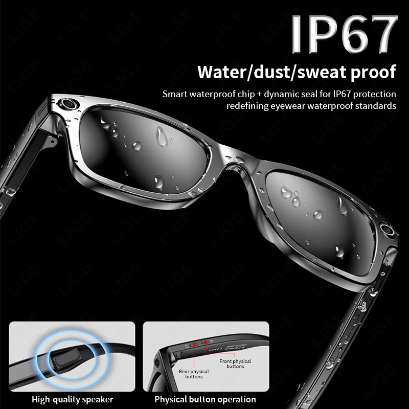 LIGE New 100W Camera Glasses Bluetooth Smart Glasses with Camera Voice Call Music Smart Sunglasses Video Sound Record AI Glasses