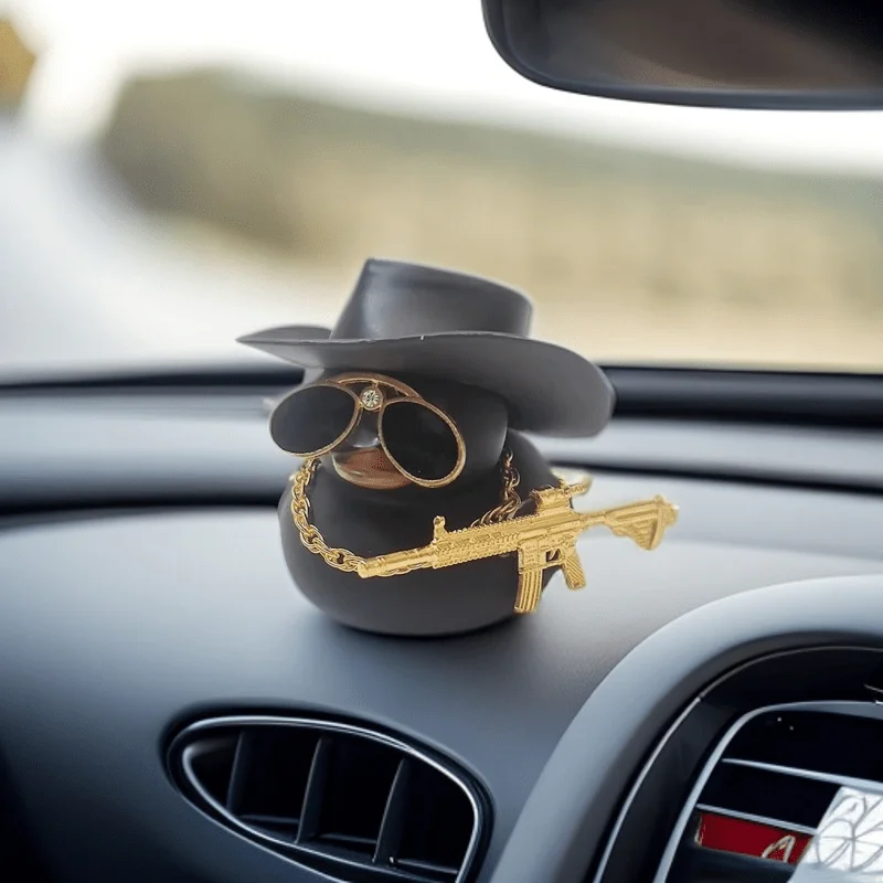 Cool Duck Car Dashboard Ornament with Cowboy Hat Metal Gun and Sunglasses Car Interior Decoration Accessory Office Desk Decor