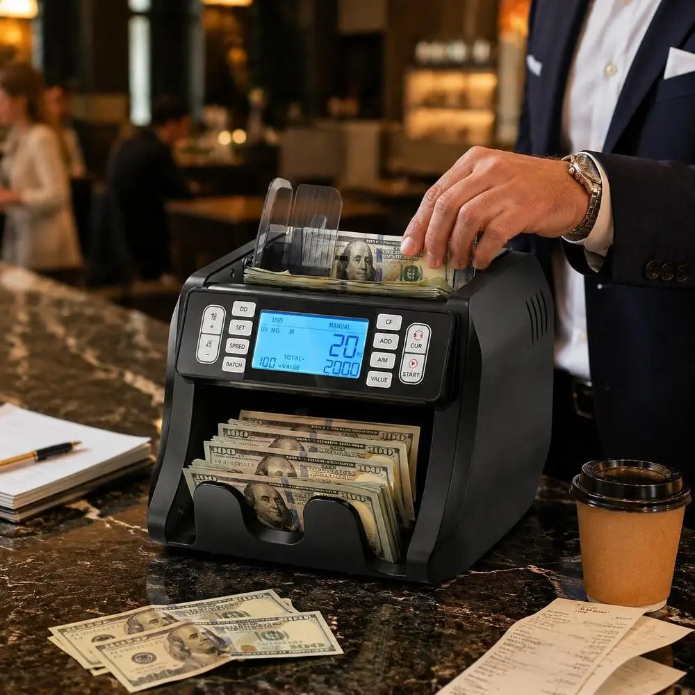 Macchina per il conteggio di banconote con rilevamento UV, MG, IR e DD, contatore di banconote in dollari statunitensi ed euro, modalità di conteggio singolo e in serie, display esterno.