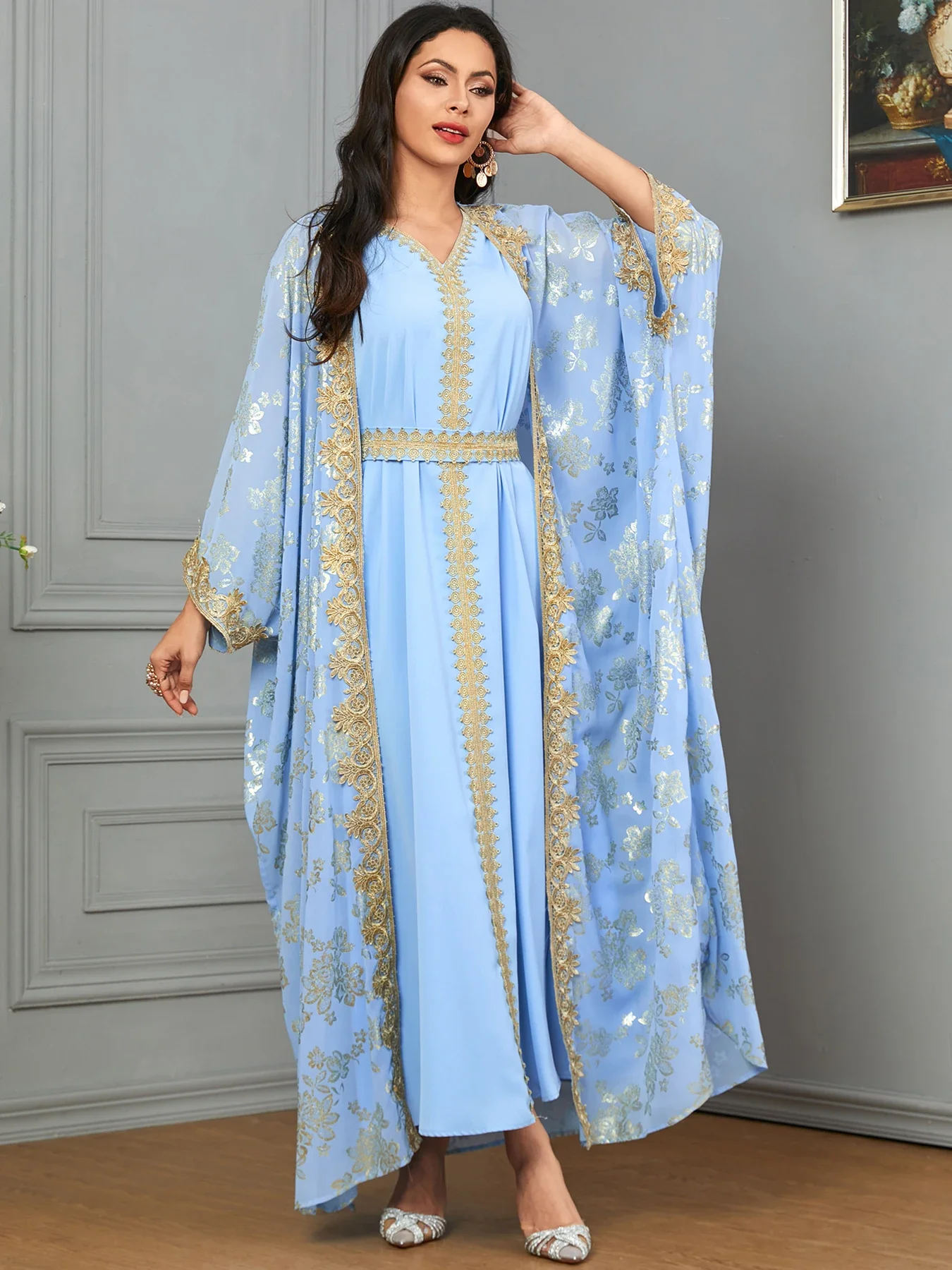 Eid Muslim Party Dress for Women Abaya with Inner Dress 2 Piece Set Jalabiya Ramadan Abayas Robe Caftan Vestidos Largos 2024