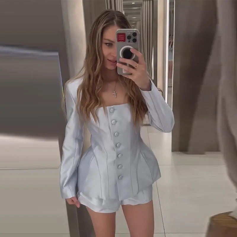 Casual Button Jacket Shorts Suit Women Solid Full Sleeve Square Collar Jackets Mini High Waist Short 2026 Autumn Set Lady New view 3
