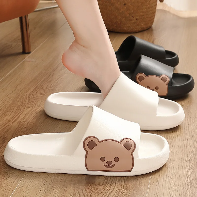 Fun Comfortable Summer Women's SLippers Chic Cartoon Kawaii Bear Print Slides Slip-on Beach EVA Flat Heel Indoor Fashion Cute