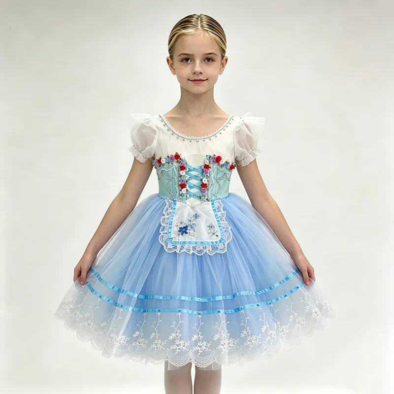 Vestido de Ballet con Mangas Abullonadas Temática de Alicia en el País de las Maravillas para Niñas, Corsé con Flores 3D Bordadas, Falda Tutú de Tul con Doble Encaje para Actuaciones
