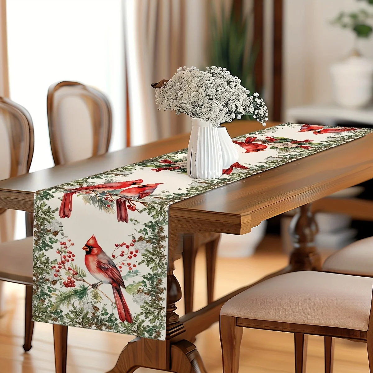 Christmas Bird Berry Linen Table Runners Holiday Party Decor Washable Winter Kitchen Dining Table Runners Christmas Decorations