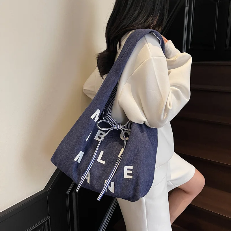 

Large Capacity Color Contrast Stripes Double Sided Canvas Bag 2025 New Color Letter Bow Shopping Bag Shoulder Bag