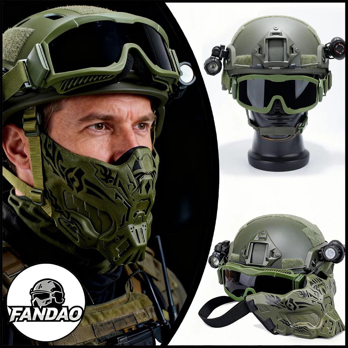 Tactical Helmet Set Military MICH 2000 Airsoft Bump Helmet with Camcorder Mask Flashlight for Paintball Outdoor Field Cosplay
