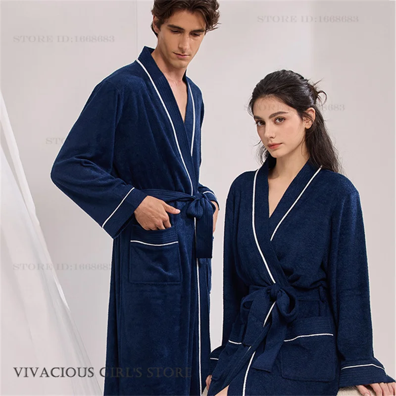 Autumn Winter Couple Long Robe Sleepwear Towel Terry Hotel Water Absorbing Bathrobe Nightgown Homewear Loose Casual Loungewear
