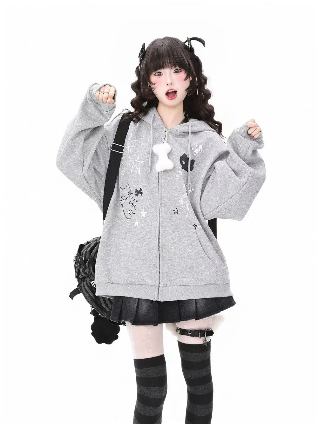 2025, japanische Kawaii-Chic-Kapuzenoberteile, Taschen, bedruckt, langärmelig, Mantel, Damen, schlanker Reißverschluss, Vintage-Katzenohren-Hoodie, Y2k, süßer Winter