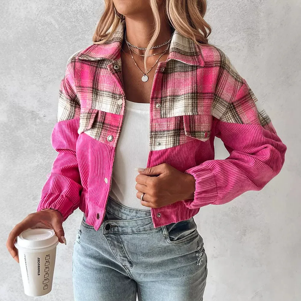 Women Corduroy Contrasting Plaid Long Sleeve Shirt Shacket Jacket Single Breasted Fashion Casual Jackets