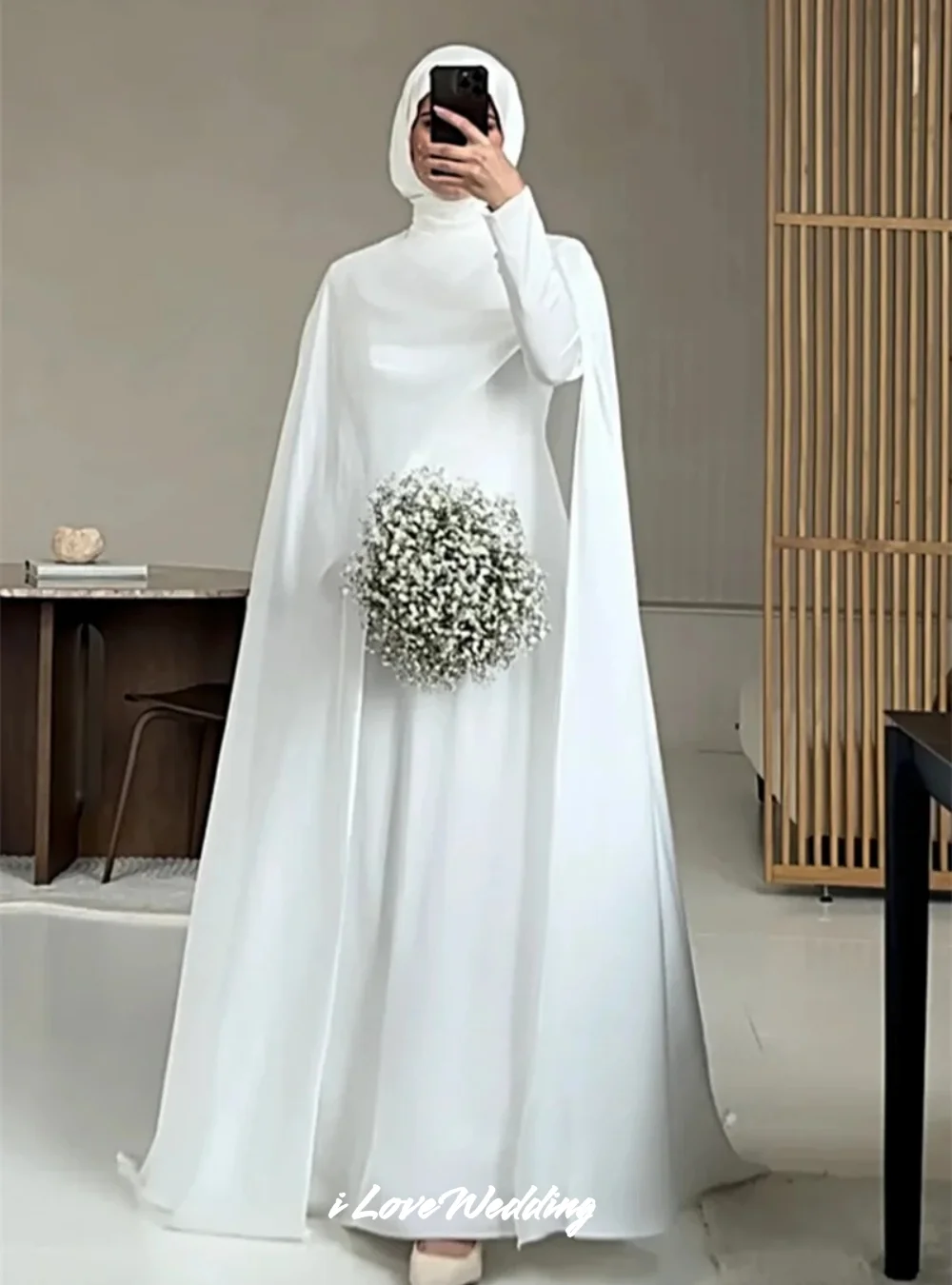 

Simple High Neck Wedding Dresses 2025 Long Sleeve Arabic Bridal Gowns Muslim Shawl Floor-Length Trailing Pleated Customized