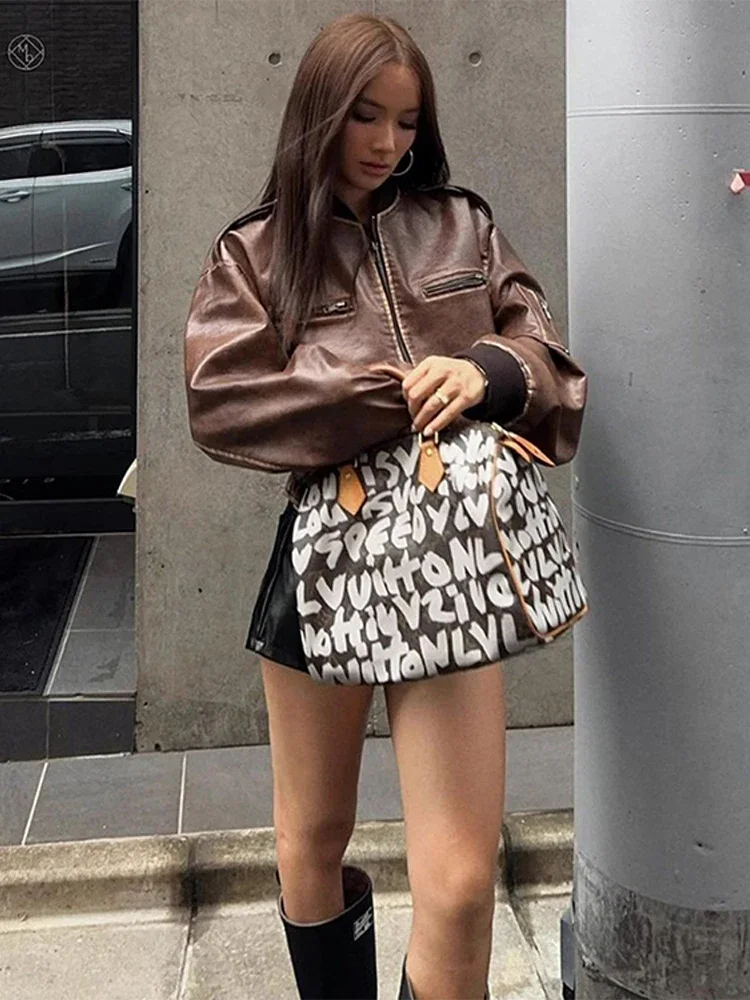 Vintageหนังเสื้อแจ็คเก็ตเครื่องบินทิ้งระเบิดผู้หญิงลําลองกระเป๋าซิปแขนยาวCrop Coat 2024 ฤดูใบไม้ร่วงใหม่Lady High Street Outwears