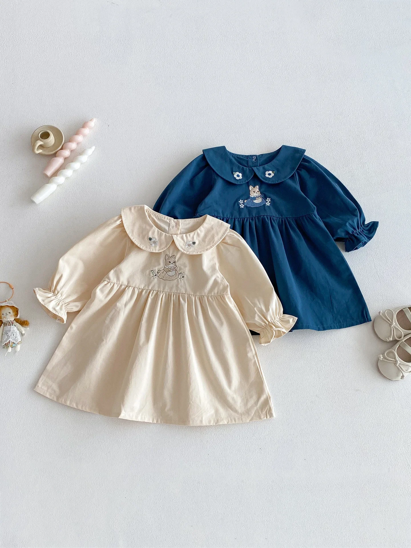 

0-4Y Girl Clothes Long Sleeve Rabbit Embroidery Princess Dress Spring Autumn Kids Fashion Cute Animal Cartoon Dress