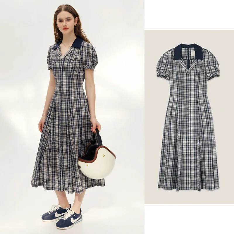 

Retro Artistic French Sle Summer Gingham Waist-Cinching Bubble Sve Collared Dr Ciwalk Ladies Faion Dr