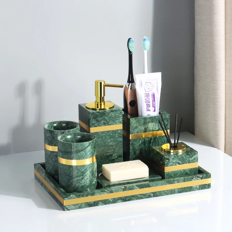 Indian Green Natural Marble Bathroom Accessories Luxury Gold Soap Dispenser Soap Dish Toothbrush Holder Bathroom Set